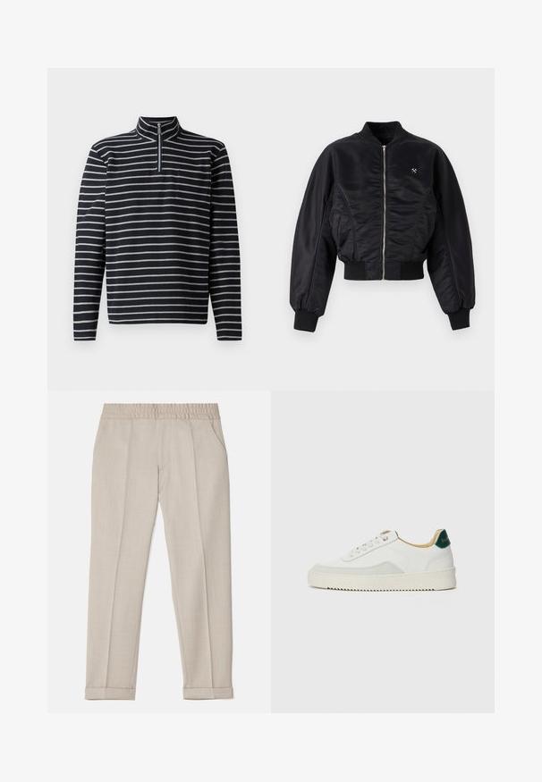 Černá bomber bunda s lesklým saténovým povrchem, zapínání na zip, pruhované manžety a lem. Obsahuje boční kapsy a nenápadný logo detail na hrudi.; Námořnický a šedý pruhovaný pulovr s dlouhým rukávem, polo zipem u límce a náprsní kapsou, vyrobený z texturované látky.; Filippa K TERRY CROPPED TROUSERS - Kalhoty - sage melange; Bílé tenisky se semišovými prvky, kulatou špičkou, plochými tkaničkami a krémovou gumovou podrážkou. Na patě mají zelené logo.