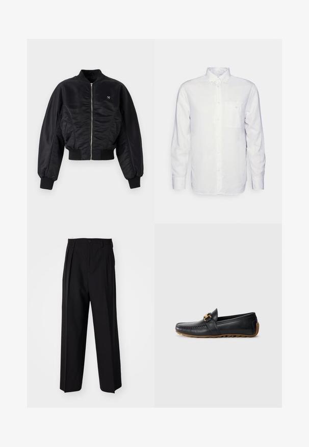 Schwarze Bomberjacke mit glänzender Satin-Oberfläche, Reißverschluss, gerippten Bündchen und Saum. Mit Seitentaschen und dezentem Logodetail auf der Brust.; Langärmliges, weißes Hemd aus Baumwolle mit Button-Down-Kragen, Fronttasche und normalem Schnitt. Strukturierter Stoff mit glatter Oberfläche.; Schwarze, plissierte Hose mit geradem, weitem Bein. Hergestellt aus glattem Stoff, mit Knopfverschluss und Gürtelschlaufen.; Schwarze Lederloafer mit runder Zehenform, dekorativem goldenen Schnallenverschluss und Gummisohle. Verfügt über Stickdetails an der Oberseite und an der Seite.