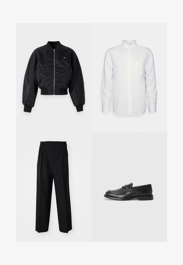 Black bomber jacket with a shiny satin finish, zip closure, ribbed cuffs, and hem. Features side pockets and subtle logo detail on chest.; Long-sleeve white shirt made of cotton, featuring a button-down collar, front pocket, and regular fit. Textured fabric with a smooth surface.; Black pleated trousers with a straight, wide-leg design. Made from smooth fabric, featuring a button closure and belt loops.; Black leather loafers feature a rounded toe, stitched detailing, and a small gold accent on the front. The sole is flat and discreet.