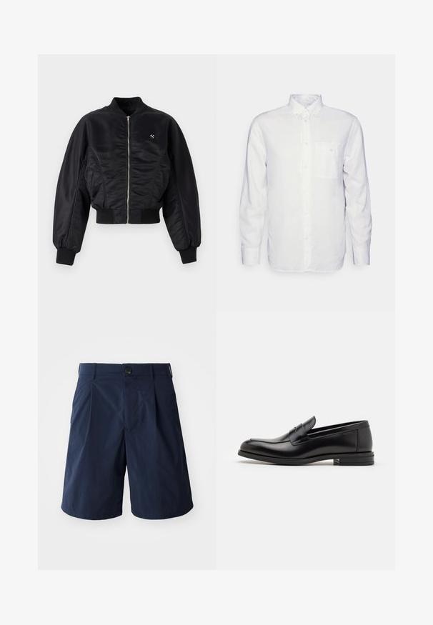 Zwarte bomberjack met een glanzende satijnen afwerking, ritssluiting, ribboordmanchetten en -zoom. Voorzien van zijzakken en subtiele logodetail op de borst.; Witte longsleeve shirt van katoen, met een button-down kraag, een voorzak en een regular fit. Textuurstof met een gladde oppervlakte.; Donkerblauwe shorts van lichtgewicht stof, met een knoopsluiting, zijzakken en een eenvoudig ontwerp met plooien aan de voorkant.; Zwarte leren instappers met een gladde textuur, ronde neus en een decoratieve band over de wreef. Lage, gestapelde hak en minimalistisch ontwerp.