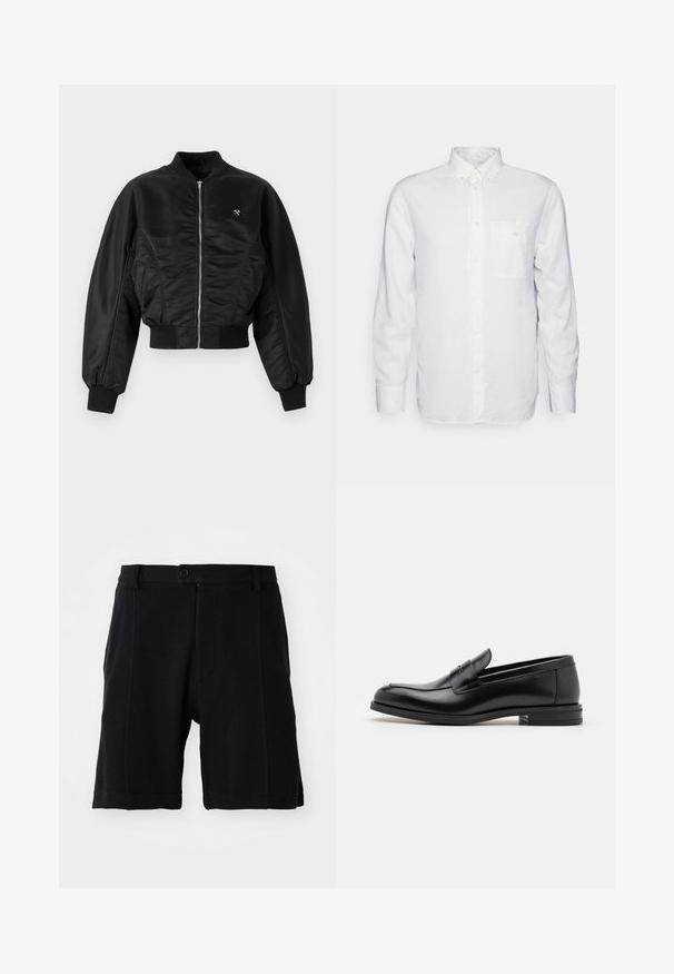 Jachetă bomber neagră cu un finisaj lucios de satin, închidere cu fermoar, manșete și tiv ribbed. Dispune de buzunare laterale și un detaliu discret cu logo pe piept.; Cămașă albă cu mânecă lungă, confecționată din bumbac, având un guler cu nasturi, un buzunar în față și o croială normală. Material texturat cu o suprafață netedă.; Pantaloni scurți negri dintr-un material texturat, cu închidere frontală cu nasture, buzunare laterale și croială dreaptă, cu detalii de cusătură vizibile.; Mocasini din piele neagră cu o textură netedă, vârf rotund și o curea decorativă peste partea superioară. Toc mic, design minimalist.