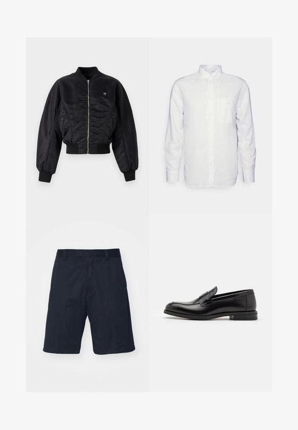 Fekete bomberdzseki fényes selyemfényű kivitelben, cipzáros záródással, bordázott mandzsettákkal és aljjal. Oldalsó zsebekkel és diszkrét logórészlettel a mellrészen.; Hosszú ujjú fehér ing, pamutból készült, gombos gallérral, elülső zsebbel és normál szabással. Texturált anyag, sima felülettel.; Fekete rövidnadrág sima anyagból, lapos elülső résszel, övhurkokkal és térdhosszú kialakítással, látható minták vagy fémalkatrészek nélkül.; Fekete bőr loaferek sima textúrával, kerek orral és dekoratív pánttal a vampnál. Alacsony, rétegelt sarkú, minimalista dizájn.