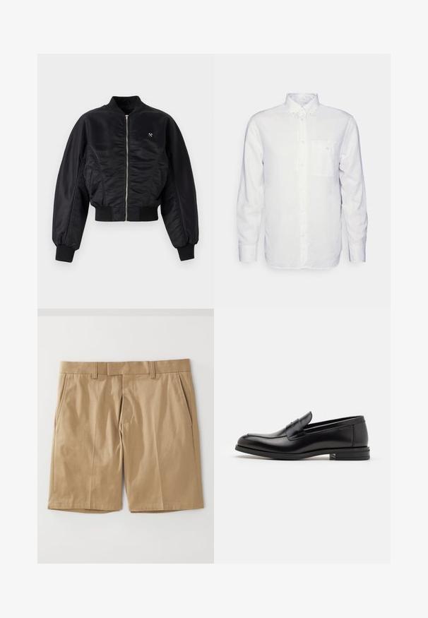 Juodasis bombonešis su blizgiu satino paviršiumi, užtrauktuko uždarymu, išsiuvinėti rankogaliai ir juosmuo. Yra šoninės kišenės ir subtili logotipo detalė ant krūtinės.; Ilga rankovė balta marškiniai pagaminti iš medvilnės, su mygtukų užsegimu, priekinę kišenę ir įprastą siluetą. Tekstūruota medžiaga su lygiu paviršiumi.; Chaki šortai su lygaus, audinio tekstūra, su dviem šoninėmis kišenėmis ir tiesia forma, suprojektuoti su plokščiu liemeniu ir dirželių kilpomis.; Juodos odinės loafers, turinčios lygų paviršių, apvalią noselę ir dekoratyvinę juostą per priekinę dalį. Žemas krentantis kulnas, minimalistinis dizainas.