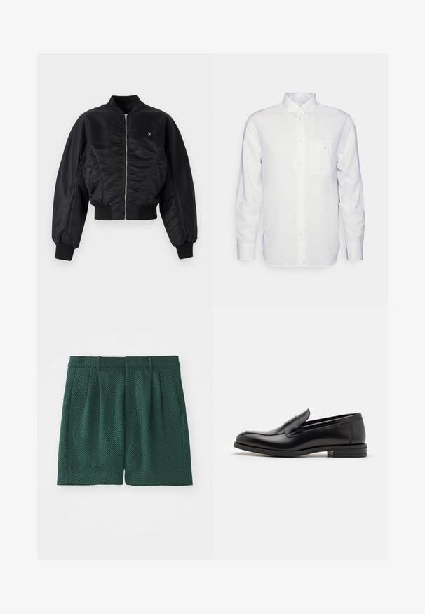 Black bomber jacket with a shiny satin finish, zip closure, ribbed cuffs, and hem. Features side pockets and subtle logo detail on chest.; Long-sleeve white shirt made of cotton, featuring a button-down collar, front pocket, and regular fit. Textured fabric with a smooth surface.; Dark green shorts made of textured fabric with a herringbone pattern. Features pleats and a waistband, cut to knee length.; Black leather loafers with a smooth texture, rounded toe, and a decorative strap across the vamp. Low stacked heel, minimalist design.