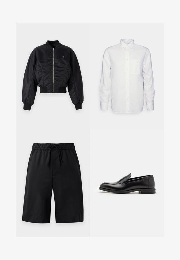 Fekete bomberdzseki fényes selyemfényű kivitelben, cipzáros záródással, bordázott mandzsettákkal és aljjal. Oldalsó zsebekkel és diszkrét logórészlettel a mellrészen.; Hosszú ujjú fehér ing, pamutból készült, gombos gallérral, elülső zsebbel és normál szabással. Texturált anyag, sima felülettel.; Fekete rövidnadrág rugalmas derékpánttal és zsinórral. Simább textúrával és laza szabással rendelkezik. Egyszerű kialakítás, zsebek vagy díszítések nélkül.; Fekete bőr loaferek sima textúrával, kerek orral és dekoratív pánttal a vampnál. Alacsony, rétegelt sarkú, minimalista dizájn.