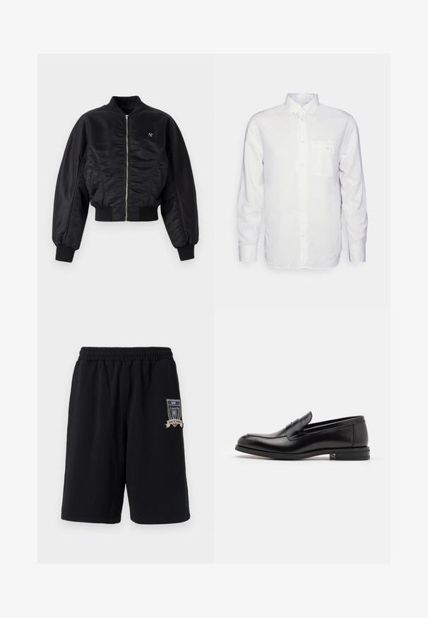 Chaqueta bomber negra con un acabado satinado brillante, cierre de cremallera, puños y dobladillo de canalé. Cuenta con bolsillos laterales y un discreto detalle del logo en el pecho.; Camisa blanca de manga larga hecha de algodón, con cuello abotonado, bolsillo frontal y corte regular. Tejido texturizado con una superficie suave.; Pantalones cortos de algodón negros con cinturilla elástica, bolsillos laterales y un parche decorativo que dice "Amor y Justicia" en la pierna izquierda.; Mocasines de cuero negro con una textura suave, puntera redondeada y una tira decorativa en el empeine. Tacón bajo apilado, diseño minimalista.