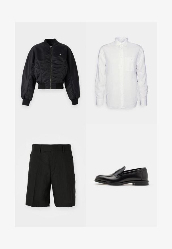 Must mustrikate must-viimistlusega must bomber-jakk, lukuga, soonikutes ja allservas. Omab küljetaskuid ja peent logodetaili rinnal.; Pikkade varrukatega valge puuvillane särk, millel on nööbitav krae, eesmine tasku ja tavaline lõike. Tekstureeritud kangas, mille pind on sile.; Mustad linnase toodud lühikesed püksid, millel on mugav istuvus, siledad esiosad, külgedel taskud ja keskmise pikkusega lõige. Kerge tekstuur on nähtav.; Mustad mustad nahast loafers sileda tekstuuriga, ümarat ninaosa ja dekoratiivne riba vampi üle. Madal kihiline konts, minimalistlik disain.