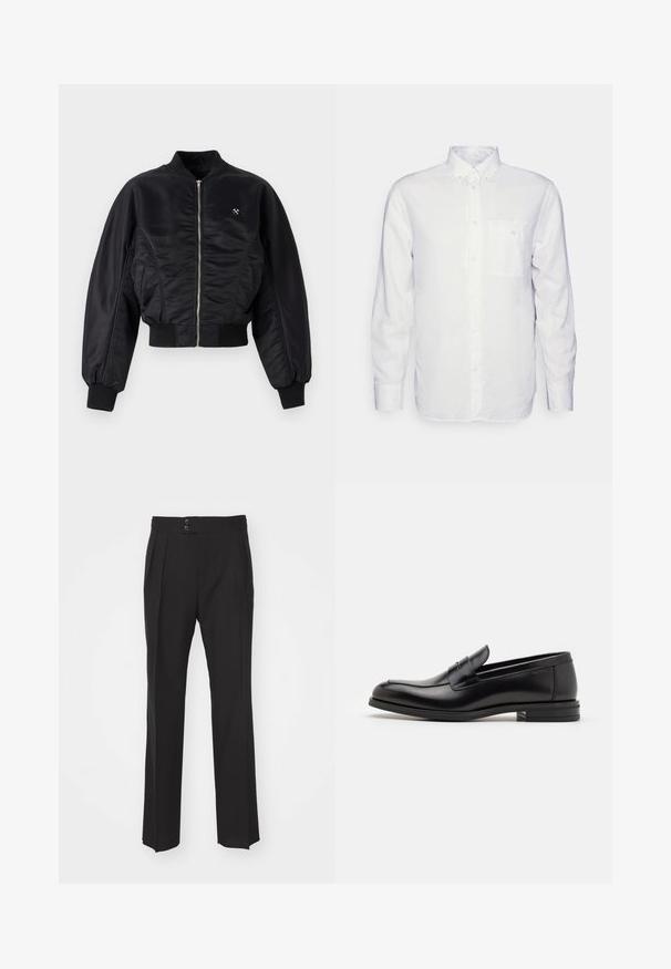 Sort bomberjakke med en skinnende satinfinish, lynlåslukning, ribbede manchetter og kant. Har sidelommer og en diskret logo-detalje på brystet.; Langærmet hvid skjorte lavet af bomuld, med en knap-down krave, brystlomme og almindelig pasform. Struktureret stof med en glat overflade.; Sorte skræddersyede bukser med lige ben-design, to frontlommer og dobbeltknaplukning i taljen. Glat stofstruktur.; Sorte læderloafers med en glat overflade, rund tå og en dekorativ strop over vampen. Lav hæl med stabeldesign, minimalistisk stil.
