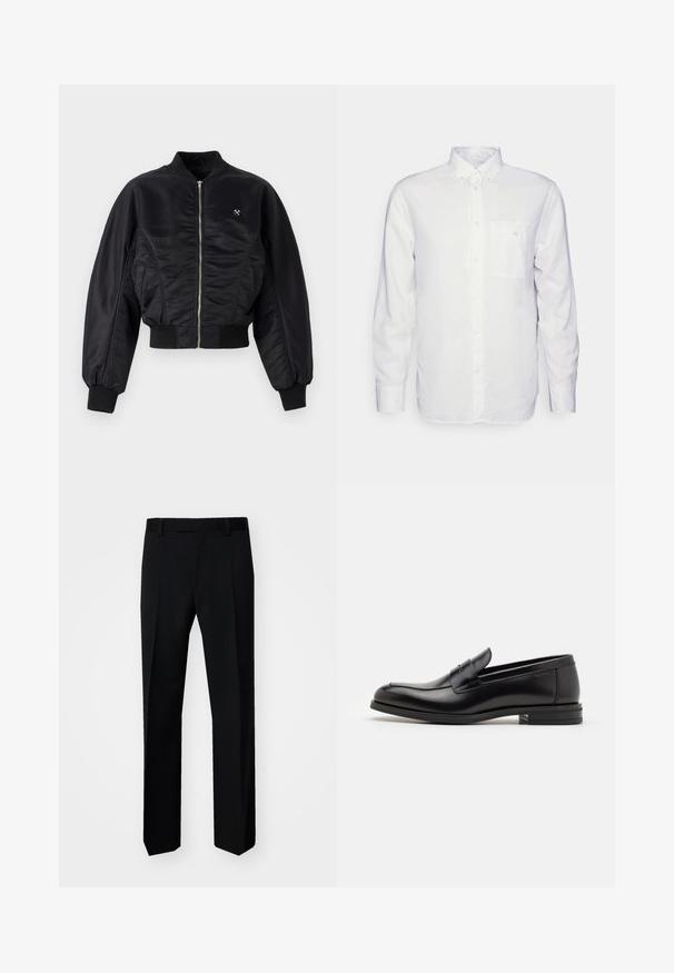Black bomber jacket with a shiny satin finish, zip closure, ribbed cuffs, and hem. Features side pockets and subtle logo detail on chest.; Long-sleeve white shirt made of cotton, featuring a button-down collar, front pocket, and regular fit. Textured fabric with a smooth surface.; Tiger of Sweden TYLER - Trousers - black; Black leather loafers with a smooth texture, rounded toe, and a decorative strap across the vamp. Low stacked heel, minimalist design.