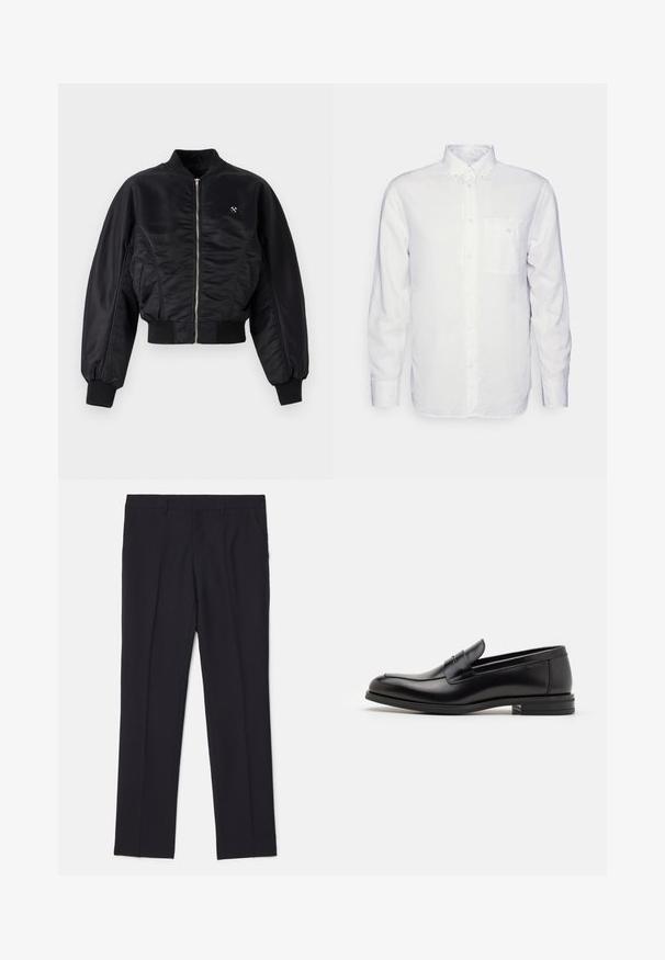 Crna bomber jakna s sjajnim satenskim završetkom, zatvaranje na patentni zatvarač, rebrasti rubovi na rukavima i donjem dijelu. Ima bočne džepove i suptilan detalj loga na prsima.; Duga bijela košulja od pamuka, s kragnom na dugmad, prednjim džepom i regularnim krojem. Teksturirana tkanina s glatkom površinom.; Crne krojene hlače od glatkog materijala, s dva bočna džepa, ravnog kroja i bez vidljivih uzoraka ili akcenata.; Crni kožni mokasini s glatkom teksturom, zaobljenim prstima i ukrasnom trakom preko prednjeg dijela. Niski slojeviti potplat, minimalistički dizajn.