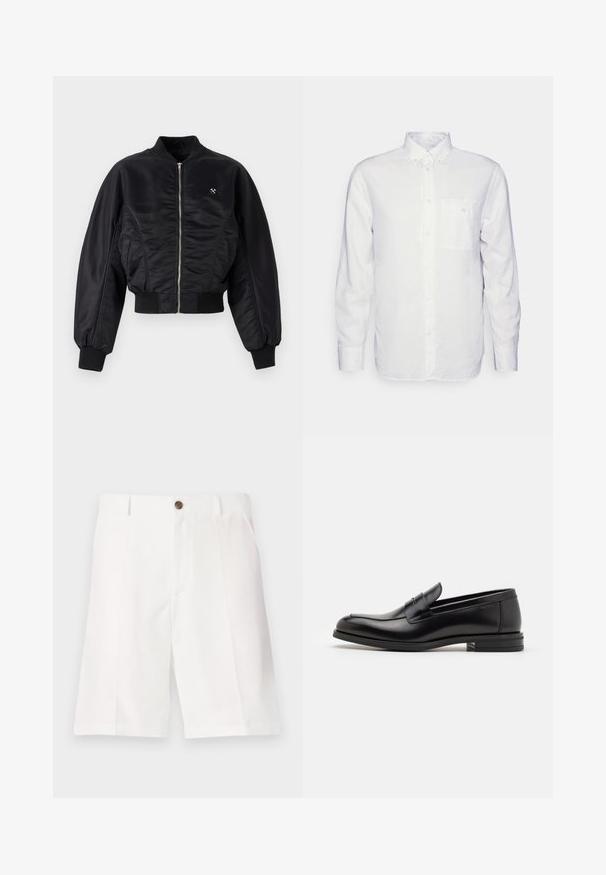 Fekete bomberdzseki fényes selyemfényű kivitelben, cipzáros záródással, bordázott mandzsettákkal és aljjal. Oldalsó zsebekkel és diszkrét logórészlettel a mellrészen.; Hosszú ujjú fehér ing, pamutból készült, gombos gallérral, elülső zsebbel és normál szabással. Texturált anyag, sima felülettel.; Fehér bermuda short, könnyű anyagból, laza szabással, egy barna gombbal és elülső zsebekkel.; Fekete bőr loaferek sima textúrával, kerek orral és dekoratív pánttal a vampnál. Alacsony, rétegelt sarkú, minimalista dizájn.