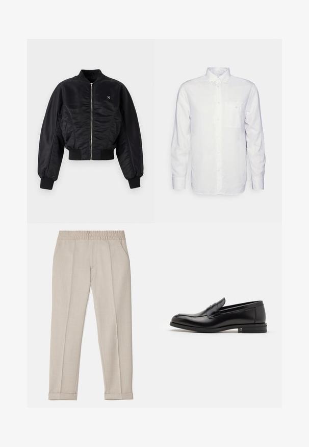 Jachetă bomber neagră cu un finisaj lucios de satin, închidere cu fermoar, manșete și tiv ribbed. Dispune de buzunare laterale și un detaliu discret cu logo pe piept.; Cămașă albă cu mânecă lungă, confecționată din bumbac, având un guler cu nasturi, un buzunar în față și o croială normală. Material texturat cu o suprafață netedă.; Filippa K TERRY CROPPED TROUSERS - Pantaloni - sage melange; Mocasini din piele neagră cu o textură netedă, vârf rotund și o curea decorativă peste partea superioară. Toc mic, design minimalist.