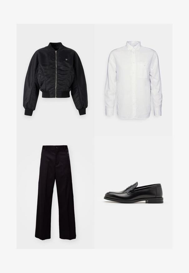 Czarna kurtka bombowka o błyszczącej satynowej powierzchni, z zapięciem na zamek, ściągaczami na rękawach i dole. Posiada boczne kieszenie oraz subtelny detal z logo na klatce piersiowej.; Biała koszula z długim rękawem wykonana z bawełny, z kołnierzykiem zapinanym na guziki, przednią kieszenią i regularnym krojem. Teksturowana tkanina o gładkiej powierzchni.; MM6 Maison Margiela - Spodnie materiałowe; Czarne skórzane mokasyny o gładkiej fakturze, zaokrąglonym nosku i dekoracyjnym pasku na przodzie. Niski, warstwowy obcas, minimalistyczny design.
