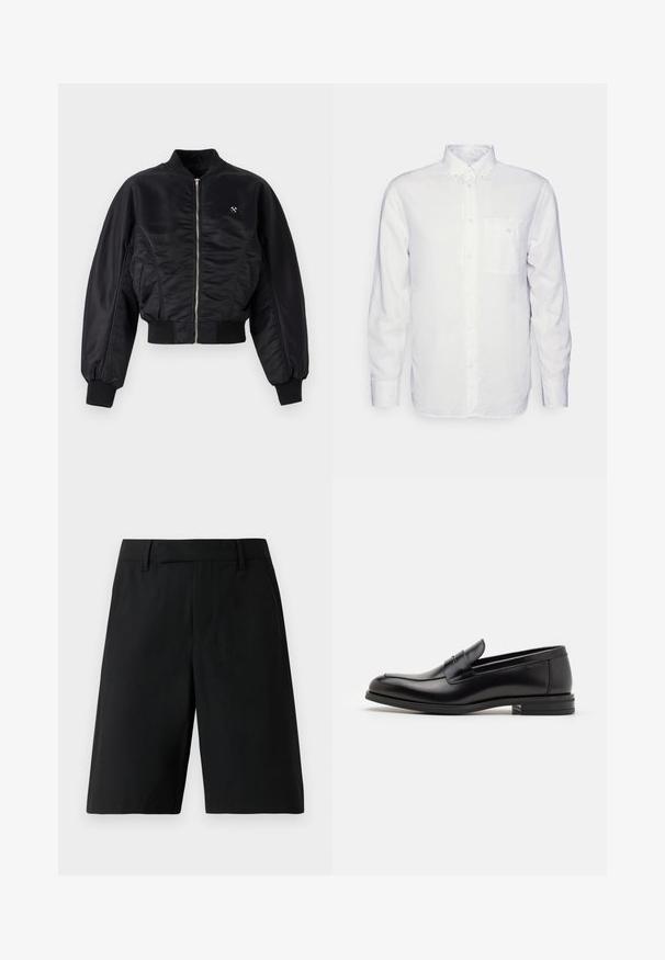 Sort bomberjakke med en skinnende satinfinish, lynlåslukning, ribbede manchetter og kant. Har sidelommer og en diskret logo-detalje på brystet.; Langærmet hvid skjorte lavet af bomuld, med en knap-down krave, brystlomme og almindelig pasform. Struktureret stof med en glat overflade.; Sorte skræddersyede shorts i knælængde med bæltestropper, glat front og sidelommer imod en ensfarvet lys baggrund.; Sorte læderloafers med en glat overflade, rund tå og en dekorativ strop over vampen. Lav hæl med stabeldesign, minimalistisk stil.