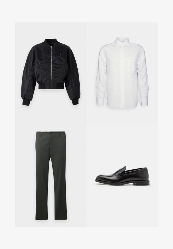 Juodasis bombonešis su blizgiu satino paviršiumi, užtrauktuko uždarymu, išsiuvinėti rankogaliai ir juosmuo. Yra šoninės kišenės ir subtili logotipo detalė ant krūtinės.; Ilga rankovė balta marškiniai pagaminti iš medvilnės, su mygtukų užsegimu, priekinę kišenę ir įprastą siluetą. Tekstūruota medžiaga su lygiu paviršiumi.; Tamsiai žali formalaus stiliaus kelnes su diržo kilpomis, priekiu užsegamomis sagomis ir tiesiu kirpimu.; Juodos odinės loafers, turinčios lygų paviršių, apvalią noselę ir dekoratyvinę juostą per priekinę dalį. Žemas krentantis kulnas, minimalistinis dizainas.