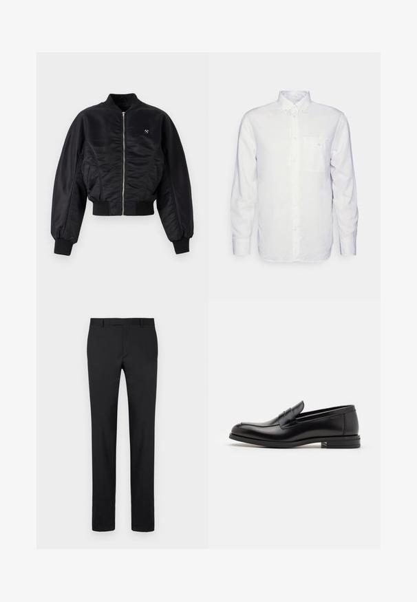 Czarna kurtka bombowka o błyszczącej satynowej powierzchni, z zapięciem na zamek, ściągaczami na rękawach i dole. Posiada boczne kieszenie oraz subtelny detal z logo na klatce piersiowej.; Biała koszula z długim rękawem wykonana z bawełny, z kołnierzykiem zapinanym na guziki, przednią kieszenią i regularnym krojem. Teksturowana tkanina o gładkiej powierzchni.; Czarne spodnie o dopasowanym kroju, proste nogawki, standardowe szlufki na pasek i gładka tekstura. Brak widocznych wzorów lub elementów metalowych.; Czarne skórzane mokasyny o gładkiej fakturze, zaokrąglonym nosku i dekoracyjnym pasku na przodzie. Niski, warstwowy obcas, minimalistyczny design.