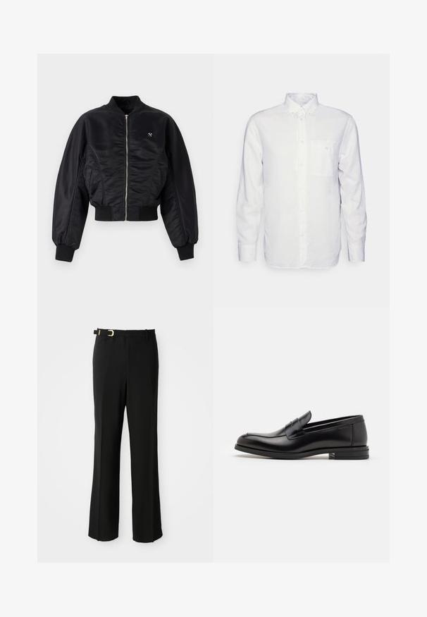Black bomber jacket with a shiny satin finish, zip closure, ribbed cuffs, and hem. Features side pockets and subtle logo detail on chest.; Long-sleeve white shirt made of cotton, featuring a button-down collar, front pocket, and regular fit. Textured fabric with a smooth surface.; Black trousers with a tailored fit, featuring a flat front, belt loops, a sleek silhouette, and a gold buckle accent on the belt.; Black leather loafers with a smooth texture, rounded toe, and a decorative strap across the vamp. Low stacked heel, minimalist design.