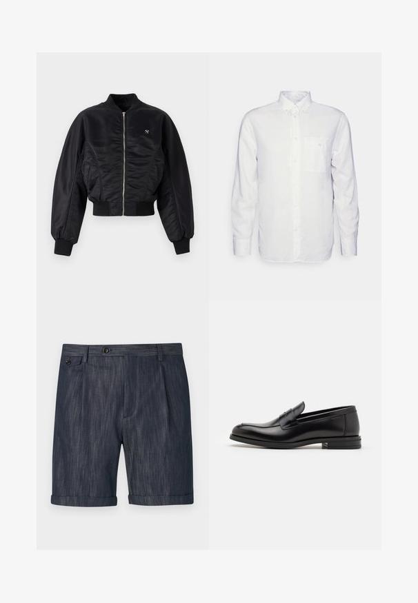 Giacca bomber nera con finitura satinata lucida, chiusura con zip, polsini e orlo a coste. Presenta tasche laterali e un discreto dettaglio del logo sul petto.; Camicia bianca a maniche lunghe realizzata in cotone, con colletto button-down, tasca frontale e vestibilità regolare. Tessuto testurizzato con una superficie liscia.; Pantaloni corti blu scuro realizzati in tessuto texture, con orlo piegato, pieghe frontali e una chiusura a bottone singolo in vita.; Mocassini neri in pelle con una texture liscia, punta arrotondata e una striscia decorativa sulla tomaia. Tacco basso impilato, design minimalista.