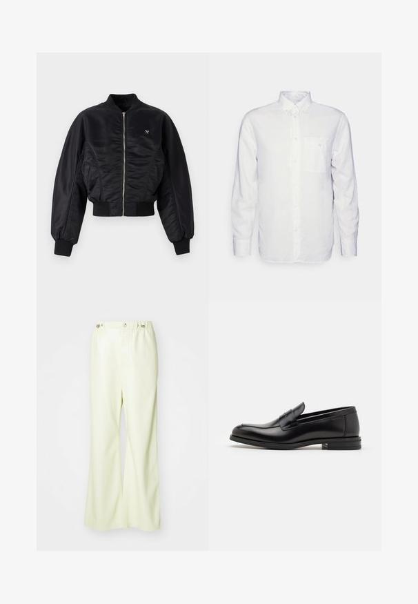Zwarte bomberjack met een glanzende satijnen afwerking, ritssluiting, ribboordmanchetten en -zoom. Voorzien van zijzakken en subtiele logodetail op de borst.; Witte longsleeve shirt van katoen, met een button-down kraag, een voorzak en een regular fit. Textuurstof met een gladde oppervlakte.; Lichtgroene wijde broek van soepel, licht glanzend materiaal. Bevat een knoop- en elastische tailleband, met een schone, op maat gemaakte uitstraling.; Zwarte leren instappers met een gladde textuur, ronde neus en een decoratieve band over de wreef. Lage, gestapelde hak en minimalistisch ontwerp.