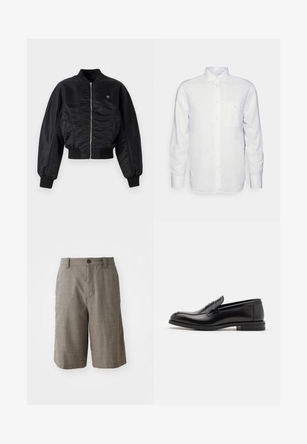 Giacca bomber nera con finitura satinata lucida, chiusura con zip, polsini e orlo a coste. Presenta tasche laterali e un discreto dettaglio del logo sul petto.; Camicia bianca a maniche lunghe realizzata in cotone, con colletto button-down, tasca frontale e vestibilità regolare. Tessuto testurizzato con una superficie liscia.; Pantaloni corti grigi a quadri con design sartoriale, dotati di chiusura anteriore con bottone e due tasche laterali. Realizzati in tessuto testurizzato.; Mocassini neri in pelle con una texture liscia, punta arrotondata e una striscia decorativa sulla tomaia. Tacco basso impilato, design minimalista.