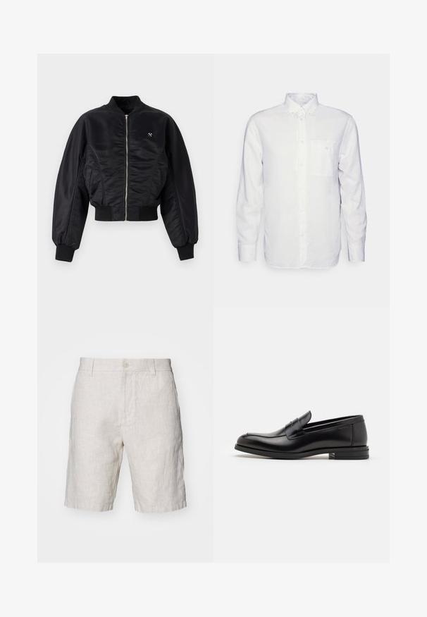 Sort bomberjakke med en skinnende satinfinish, lynlåslukning, ribbede manchetter og kant. Har sidelommer og en diskret logo-detalje på brystet.; Langærmet hvid skjorte lavet af bomuld, med en knap-down krave, brystlomme og almindelig pasform. Struktureret stof med en glat overflade.; Lys beige linned shorts med en naturlig tekstur, der har en frontknaplukning og sidelommer. Lige ben design.; Sorte læderloafers med en glat overflade, rund tå og en dekorativ strop over vampen. Lav hæl med stabeldesign, minimalistisk stil.