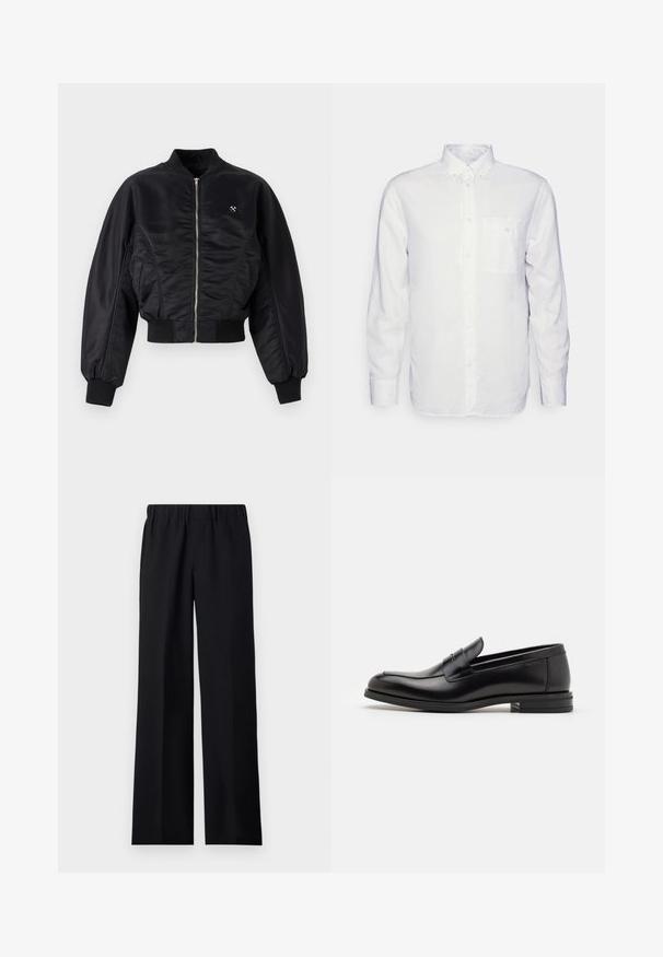 Schwarze Bomberjacke mit glänzender Satin-Oberfläche, Reißverschluss, gerippten Bündchen und Saum. Mit Seitentaschen und dezentem Logodetail auf der Brust.; Langärmliges, weißes Hemd aus Baumwolle mit Button-Down-Kragen, Fronttasche und normalem Schnitt. Strukturierter Stoff mit glatter Oberfläche.; sandro LARGE - Stoffhose - noir; Schwarze Lederloafers mit glatter Textur, rundem Zehenbereich und einem dekorativen Riemen über dem Vorderfuß. Niedriger, gestapelter Absatz, minimalistisches Design.