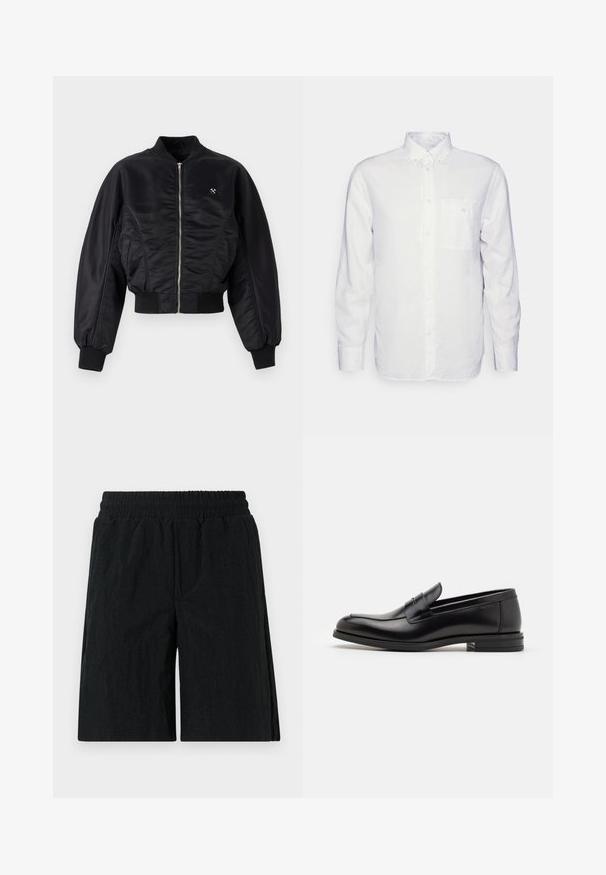 Chaqueta bomber negra con un acabado satinado brillante, cierre de cremallera, puños y dobladillo de canalé. Cuenta con bolsillos laterales y un discreto detalle del logo en el pecho.; Camisa blanca de manga larga hecha de algodón, con cuello abotonado, bolsillo frontal y corte regular. Tejido texturizado con una superficie suave.; Pantalones cortos negros con cintura elástica, fabricados con un tejido texturizado, diseño hasta la rodilla y bolsillos laterales.; Mocasines de cuero negro con una textura suave, puntera redondeada y una tira decorativa en el empeine. Tacón bajo apilado, diseño minimalista.