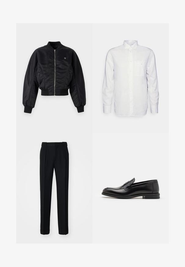 Black bomber jacket with a shiny satin finish, zip closure, ribbed cuffs, and hem. Features side pockets and subtle logo detail on chest.; Long-sleeve white shirt made of cotton, featuring a button-down collar, front pocket, and regular fit. Textured fabric with a smooth surface.; Filippa K RELAXED PLEATED - Trousers - black; Black leather loafers with a smooth texture, rounded toe, and a decorative strap across the vamp. Low stacked heel, minimalist design.