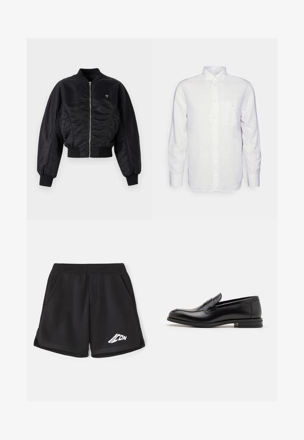 Jachetă bomber neagră cu un finisaj lucios de satin, închidere cu fermoar, manșete și tiv ribbed. Dispune de buzunare laterale și un detaliu discret cu logo pe piept.; Cămașă albă cu mânecă lungă, confecționată din bumbac, având un guler cu nasturi, un buzunar în față și o croială normală. Material texturat cu o suprafață netedă.; Shorts de sport negre dintr-un material moale, cu un tiv elastic. Prevăzute cu buzunare laterale și un logo alb pe față.; Mocasini din piele neagră cu o textură netedă, vârf rotund și o curea decorativă peste partea superioară. Toc mic, design minimalist.