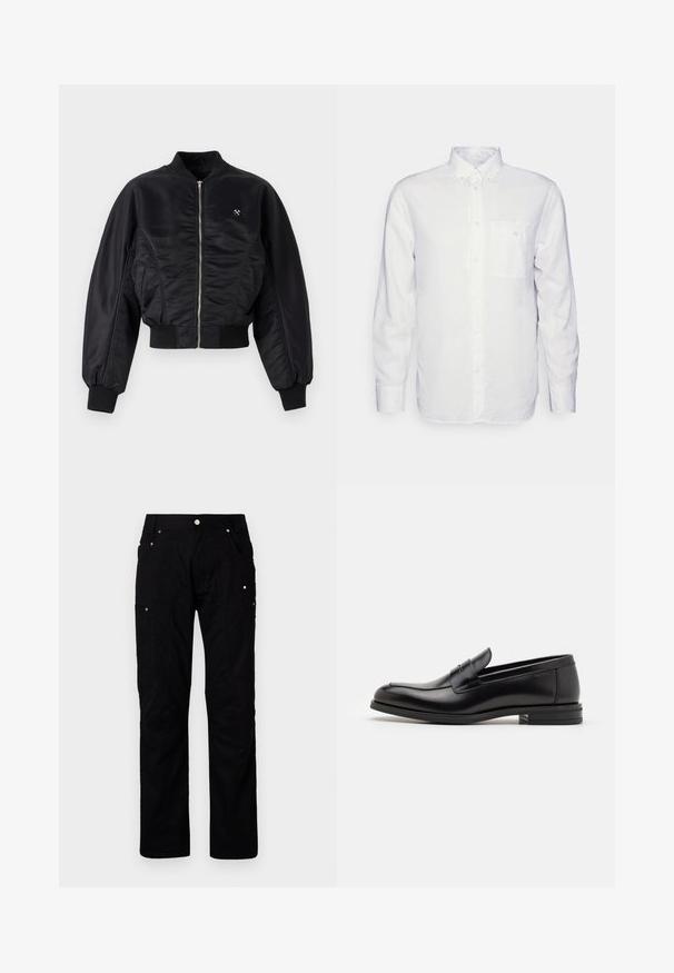 Juodasis bombonešis su blizgiu satino paviršiumi, užtrauktuko uždarymu, išsiuvinėti rankogaliai ir juosmuo. Yra šoninės kišenės ir subtili logotipo detalė ant krūtinės.; Ilga rankovė balta marškiniai pagaminti iš medvilnės, su mygtukų užsegimu, priekinę kišenę ir įprastą siluetą. Tekstūruota medžiaga su lygiu paviršiumi.; Juodi cargo kelnės, pagamintos iš patvarios medžiagos, turinčios kelis kišenes, sustiprintus siūlius ir metalinius akcentus, skirto funkcionalumui pagerinti.; Juodos odinės loafers, turinčios lygų paviršių, apvalią noselę ir dekoratyvinę juostą per priekinę dalį. Žemas krentantis kulnas, minimalistinis dizainas.