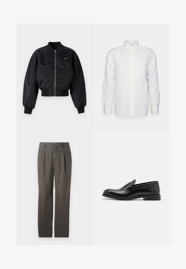 Chaqueta bomber negra con un acabado satinado brillante, cierre de cremallera, puños y dobladillo de canalé. Cuenta con bolsillos laterales y un discreto detalle del logo en el pecho.; Camisa blanca de manga larga hecha de algodón, con cuello abotonado, bolsillo frontal y corte regular. Tejido texturizado con una superficie suave.; Pantalones de lino grises con un diseño de pierna recta, que incluyen pinzas frontales y una cinturilla con un cierre de botón discreto. Textura suave.; Mocasines de cuero negro con una textura suave, puntera redondeada y una tira decorativa en el empeine. Tacón bajo apilado, diseño minimalista.
