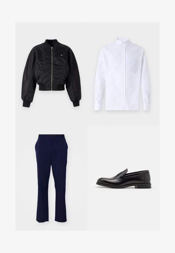 Must mustrikate must-viimistlusega must bomber-jakk, lukuga, soonikutes ja allservas. Omab küljetaskuid ja peent logodetaili rinnal.; Valge pikamaa varrukatega nööbiga särk, mis on valmistatud puuvillast ja millel on rinna tasku toon-toonis brodeeringuga, krae ja nööbiga mansetid.; Tumed sinised püksid otse lõikega disainiga. Valmistatud siledast kangast, millel on nööp sulgemine ja kaks küljetaskut.; Mustad mustad nahast loafers sileda tekstuuriga, ümarat ninaosa ja dekoratiivne riba vampi üle. Madal kihiline konts, minimalistlik disain.