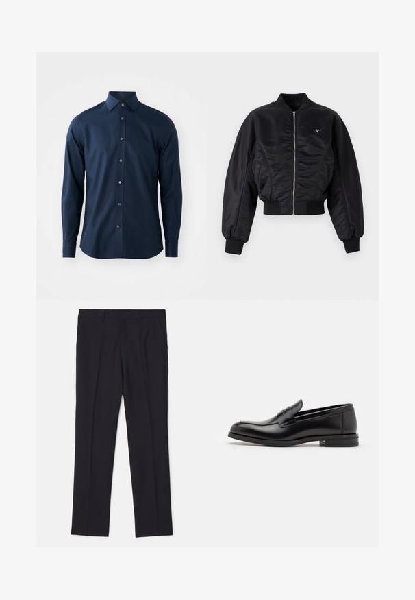 Chaqueta bomber negra con un acabado satinado brillante, cierre de cremallera, puños y dobladillo de canalé. Cuenta con bolsillos laterales y un discreto detalle del logo en el pecho.; Camisa de vestir de manga larga para hombre en azul marino, con frente de botones y cuello puntiagudo, sobre un fondo blanco liso.; Pantalones negros a medida hechos de tela suave, con dos bolsillos laterales, un diseño de pierna recta y sin patrones o acentos visibles.; Mocasines de cuero negro con una textura suave, puntera redondeada y una tira decorativa en el empeine. Tacón bajo apilado, diseño minimalista.