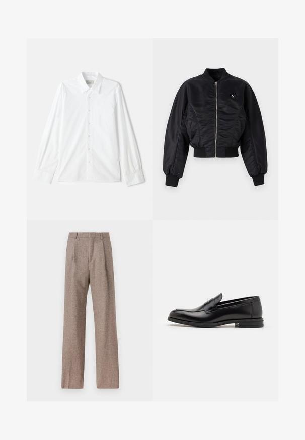 Zwarte bomberjack met een glanzende satijnen afwerking, ritssluiting, ribboordmanchetten en -zoom. Voorzien van zijzakken en subtiele logodetail op de borst.; Witte lange mouwen overhemd met knopen, voorzien van een klassiek kraag en knoopsluiting, gemaakt van gestructureerd katoen met gestikte details op de mouwen.; Bruine, hooggewaisted broeken van een gestructureerde stof. Heeft wijde benen en twee voorplooien voor extra structuur. Net afgewerkt zonder zichtbare hardware.; Zwarte leren instappers met een gladde textuur, ronde neus en een decoratieve band over de wreef. Lage, gestapelde hak en minimalistisch ontwerp.