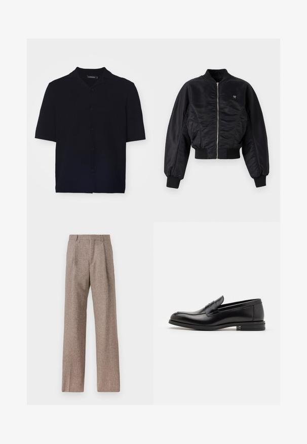Melna bumbiera jaka ar spīdīgu satīna apdari, ar rāvējslēdzēja aizdari, ribota aproces un apakšmalu. Iespējo sānu kabatas un diskretu logotipa detaļu uz krūtīm.; Kratkām piedurknēm melna pogājama krekla ar teksturētu audumu, kurā ir nometnes apkakle un sešas saskaņotas pogas priekšpusē.; Brūni, augstos šortos izgatavoti no teksturēta auduma. Iezīmē plašas kājas un divas priekšējās krokas, kas nodrošina struktūru. Kārtīga apdare bez redzamām detaļām.; Melnas ādas kurpes ar gludu tekstūru, noapaļu purngalu un dekoratīvu siksniņu pāri priekšpusei. Zems sakrauts papēdis, minimālisma dizains.