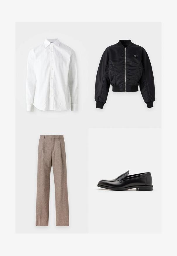 Černá bomber bunda s lesklým saténovým povrchem, zapínání na zip, pruhované manžety a lem. Obsahuje boční kapsy a nenápadný logo detail na hrudi.; Bílé tričko s dlouhým rukávem vyrobené z bavlněné směsi, s jemným kari vzorem, standartním límcem, zapínáním na knoflíky a manžetami. Hladká textura.; Hnědé kalhoty s vysokým pasem vyrobené z texturované látky. Mají široké nohavice a dva přední sklady pro strukturu. Úhledné provedení bez viditelné kovových částí.; Černé kožené polobotky s hladkou texturou, zaoblenou špičkou a zdobným páskem přes nárt. Nízký stohovaný podpatek, minimalistický design.