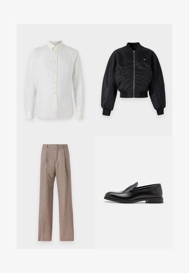 Sort bomberjakke med en skinnende satinfinish, lynlåslukning, ribbede manchetter og kant. Har sidelommer og en diskret logo-detalje på brystet.; Hvid langærmet skjorte med knapper, lavet af linned. Har en klassisk krave, frontknaplukning og manchetter. Glat, let tekstur.; Brune, højtaljede bukser lavet af tekstureret stof. Har brede ben og to frontfoldninger for struktur. Pæn finish uden synlig hardware.; Sorte læderloafers med en glat overflade, rund tå og en dekorativ strop over vampen. Lav hæl med stabeldesign, minimalistisk stil.