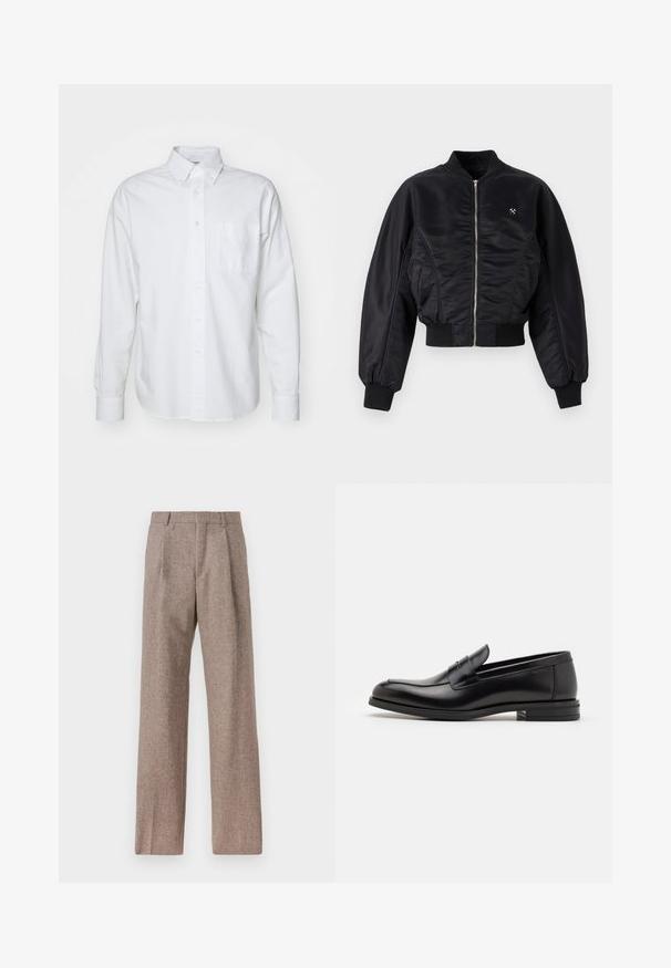 Black bomber jacket with a shiny satin finish, zip closure, ribbed cuffs, and hem. Features side pockets and subtle logo detail on chest.; White button-up shirt made of cotton, featuring a pointed collar, long sleeves, single chest pocket, and subtle light texture.; Brown, high-waisted trousers made of textured fabric. Features wide legs and two front pleats for structure. Neat finish with no visible hardware.; Black leather loafers with a smooth texture, rounded toe, and a decorative strap across the vamp. Low stacked heel, minimalist design.