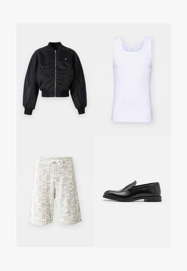 Schwarze Bomberjacke mit glänzender Satin-Oberfläche, Reißverschluss, gerippten Bündchen und Saum. Mit Seitentaschen und dezentem Logodetail auf der Brust.; Weißes Baumwoll-Top ohne Ärmel mit rundem Ausschnitt, ausgestattet mit einer glatten Textur und einer figurbetonten Form, ideal für die Freizeit.; Leichte Shorts aus gewebtem Stoff mit einem grau-weißen geometrischen Muster, elastischem Bund mit Kordelzug und lockerer Passform.; Schwarze Lederloafers mit glatter Textur, rundem Zehenbereich und einem dekorativen Riemen über dem Vorderfuß. Niedriger, gestapelter Absatz, minimalistisches Design.