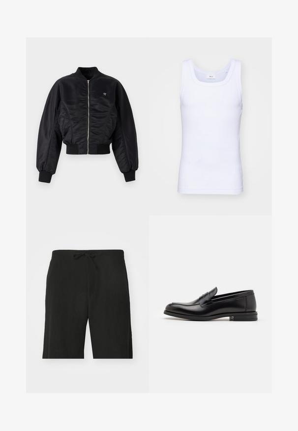 Must mustrikate must-viimistlusega must bomber-jakk, lukuga, soonikutes ja allservas. Omab küljetaskuid ja peent logodetaili rinnal.; Valge puuvillane golfi särk ilma varrukateta, ümmarguse kaelusega, sileda tekstuuri ja sobiva lõikega, mõeldud igapäevaseks kandmiseks.; Mustad linasest kangast lühikesed püksid paelaga vööl, millel on mugav lõige ja põlvekõrgune disain. Sile tekstuur, lihtne ja klassikaline stiil.; Mustad mustad nahast loafers sileda tekstuuriga, ümarat ninaosa ja dekoratiivne riba vampi üle. Madal kihiline konts, minimalistlik disain.