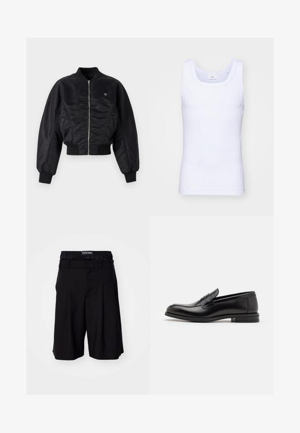 Černá bomber bunda s lesklým saténovým povrchem, zapínání na zip, pruhované manžety a lem. Obsahuje boční kapsy a nenápadný logo detail na hrudi.; Bílé bavlněné tílko bez rukávů s kulatým výstřihem, s hladkou texturou a přiléhavým střihem, navržené pro volnočasové nošení.; MARINE SERRE Šortky - black; Černé kožené polobotky s hladkou texturou, zaoblenou špičkou a zdobným páskem přes nárt. Nízký stohovaný podpatek, minimalistický design.