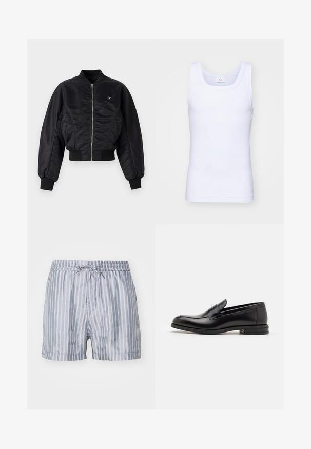 Giacca bomber nera con finitura satinata lucida, chiusura con zip, polsini e orlo a coste. Presenta tasche laterali e un discreto dettaglio del logo sul petto.; Canottiera bianca in cotone senza maniche con scollatura rotonda, caratterizzata da una texture liscia e una vestibilità aderente, progettata per l'abbigliamento casual.; Costumi da bagno a righe in azzurro chiaro e bianco, dotati di vita elastica, coulisse e tessuto liscio e leggero.; Mocassini neri in pelle con una texture liscia, punta arrotondata e una striscia decorativa sulla tomaia. Tacco basso impilato, design minimalista.
