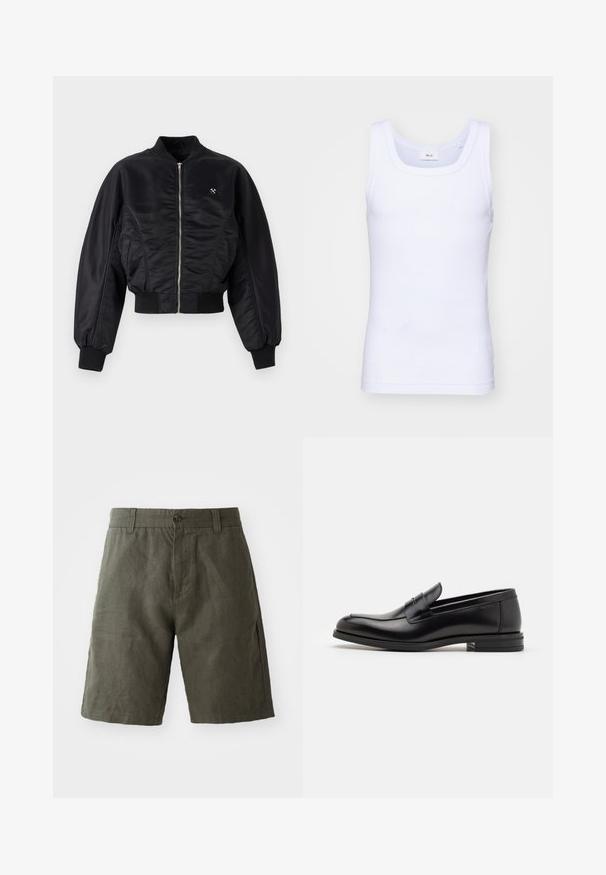 Schwarze Bomberjacke mit glänzender Satin-Oberfläche, Reißverschluss, gerippten Bündchen und Saum. Mit Seitentaschen und dezentem Logodetail auf der Brust.; Weißes Baumwoll-Top ohne Ärmel mit rundem Ausschnitt, ausgestattet mit einer glatten Textur und einer figurbetonten Form, ideal für die Freizeit.; Dunkelgrüne Leinenshorts mit einem Knopfverschluss und Gürtelschlaufen, gerade geschnitten und mit glatter Textur.; Schwarze Lederloafers mit glatter Textur, rundem Zehenbereich und einem dekorativen Riemen über dem Vorderfuß. Niedriger, gestapelter Absatz, minimalistisches Design.