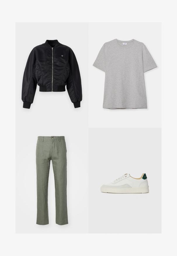 Black bomber jacket with a shiny satin finish, zip closure, ribbed cuffs, and hem. Features side pockets and subtle logo detail on chest.; Gray short-sleeve T-shirt made from soft, textured fabric. Features a classic crew neck and a straight hem, suitable for casual wear.; Lightweight, olive green linen trousers with a straight leg, featuring a button closure and a textured finish. No pockets visible.; White sneaker with suede accents, rounded toe, flat laces, and a cream rubber sole. Features green branding on the heel.
