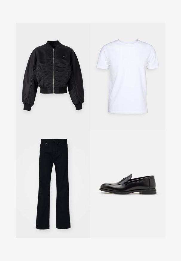 Musta pommikoulu takki kiiltävällä satiinipinnalla, vetoketjusulku, ribattu hihansuut ja helma. Sisältää sivutaskut ja hienovaraisen logon yksityiskohdan rinnassa.; Valkoinen lyhythihainen t-paita puuvillakankaasta, jossa on pyöreä pääntie. Yksinkertainen muotoilu ilman kuvioita tai korostuksia. Tasainen rakenne.; Mustat leveälahkeiset farkut, joissa on nappi- ja vetskarihytti, etu- ja takataskut, valmistettu denimpuseri. Sileä pinta.; Mustat nahkakengät, joissa on sileä pinta, pyöreä kärki ja koristeellinen nauha jalkapöydän yli. Matala pinoitu koroke, minimalistinen muotoilu.