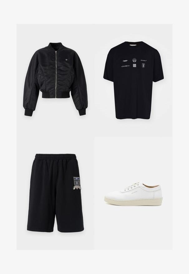 Black bomber jacket with a shiny satin finish, zip closure, ribbed cuffs, and hem. Features side pockets and subtle logo detail on chest.; Black cotton t-shirt featuring various white logos and symbols on the front, with a classic round crew neck and short sleeves.; Black cotton shorts with an elastic waistband, side pockets, and a decorative patch featuring "Love & Justice" on the left leg.; White leather sneaker with a textured finish, round toe, beige rubber sole, and six grey lace eyelets, featuring subtle branding on the side.