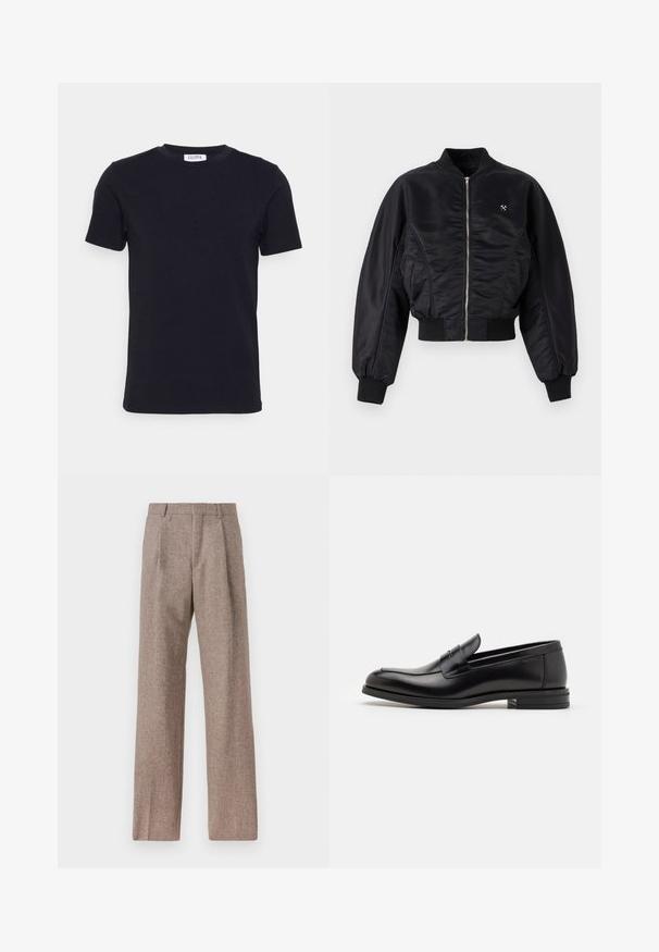 Zwarte bomberjack met een glanzende satijnen afwerking, ritssluiting, ribboordmanchetten en -zoom. Voorzien van zijzakken en subtiele logodetail op de borst.; Zwart T-shirt met korte mouwen en ronde hals, met een klein wit label aan de binnenkant van de halslijn.; Witte longsleeve shirt van katoen, met een button-down kraag, een voorzak en een regular fit. Textuurstof met een gladde oppervlakte.; Bruine, hooggewaisted broeken van een gestructureerde stof. Heeft wijde benen en twee voorplooien voor extra structuur. Net afgewerkt zonder zichtbare hardware.; Zwarte leren instappers met een gladde textuur, ronde neus en een decoratieve band over de wreef. Lage, gestapelde hak en minimalistisch ontwerp.