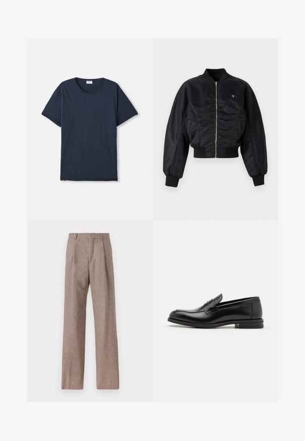 Svart bomberjacka med en glänsande satinfinish, dragkedjestängning, ribbade mudd och nederkant. Har sidofickor och en diskret logotypdetalj på bröstet.; Mörkblå t-shirt med kort ärm och rund halsringning, med en liten vit etikett inuti kragen mot en vit bakgrund.; Långärmad vit skjorta gjord av bomull, med krage som knäpps med knappar, framficka och normal passform. Strukturerad tyg med en slät yta.; Bruna, högmidjade byxor i texturerat tyg. Har vida ben och två framvikningar för struktur. Välavslutad utan synlig hårdvara.; Svarta läderloafers med en slät yta, rund tå och ett dekorativt band över främre delen. Låg staplad klack, minimalistisk design.