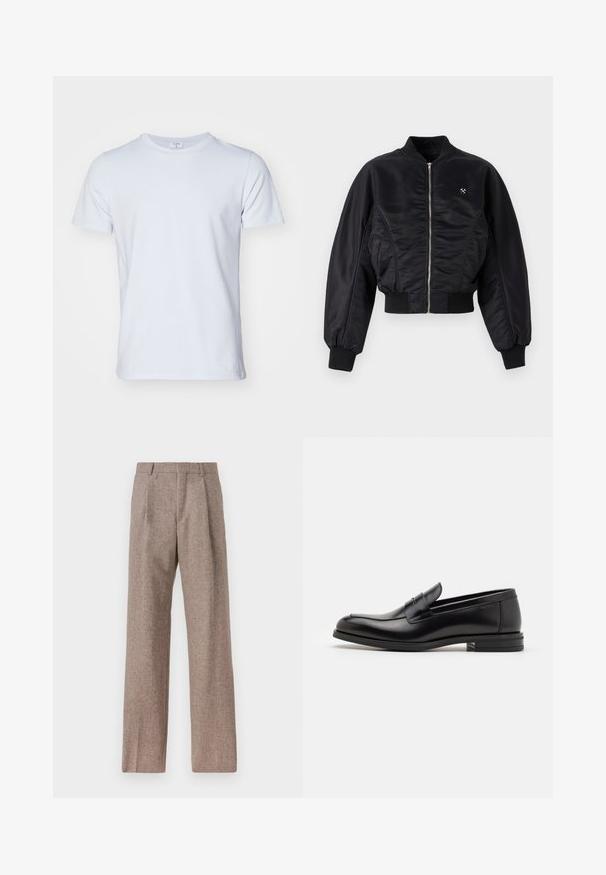 Must mustrikate must-viimistlusega must bomber-jakk, lukuga, soonikutes ja allservas. Omab küljetaskuid ja peent logodetaili rinnal.; Filippa K TEE - Lihtne T-särk - ice blue; Prunnid, kõrge vöökohaga püksid, mis on valmistatud tekstureeritud kangast. Omavad laiu jalgu ja kahte eesmist voldikut struktuuri jaoks. Korralik viimistlus, ilma nähtava riistvarata.; Mustad mustad nahast loafers sileda tekstuuriga, ümarat ninaosa ja dekoratiivne riba vampi üle. Madal kihiline konts, minimalistlik disain.