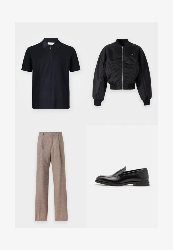 Musta pommikoulu takki kiiltävällä satiinipinnalla, vetoketjusulku, ribattu hihansuut ja helma. Sisältää sivutaskut ja hienovaraisen logon yksityiskohdan rinnassa.; Tummansininen lyhythihainen polo-paita, joka on valmistettu pehmeästä kankaasta ja jossa on vetoketjullinen kaulus sekä siistit linjat. Ei näkyviä logoja tai kuvioita.; Pitkähihainen valkoinen puuvillasukkahousu, jossa on napillinen kaulus, etutasku ja normaali istuvuus. Rakenne on teksturoitu ja pinta sileä.; Ruskejat, korkeavyötäröiset housut, jotka on valmistettu teksturoidusta kankaasta. Ominaisuuksina ovat leveät lahkeet ja kaksi etupuolelle ommeltua laskosta rakenteen tukemiseksi. Siisti viimeistely ilman näkyvää metalliosaa.; Mustat nahkakengät, joissa on sileä pinta, pyöreä kärki ja koristeellinen nauha jalkapöydän yli. Matala pinoitu koroke, minimalistinen muotoilu.